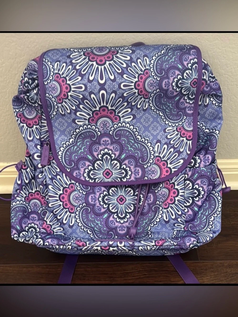 VERA BRADLEY BACKPACK LARGE PURPLE PINK WHITE FLORAL MEDALLION PRINT WHIMSY NWOT